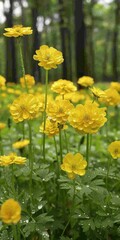 Obraz premium Yellow flowers in meadow with raindrops, vibrant petals