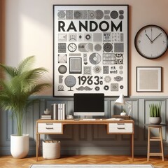 A desk with a computer and a clock on the wall image art realistic photo has illustrative meaning.