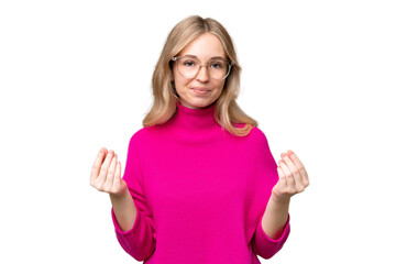 Fototapeta premium Young English woman over isolated background making money gesture