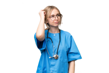 Young nurse English woman over isolated background having doubts and with confuse face expression
