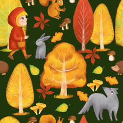 Little girl walking in the forest, background autumn - seamless pattern