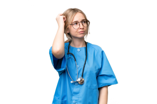 Young nurse English woman over isolated background having doubts and with confuse face expression