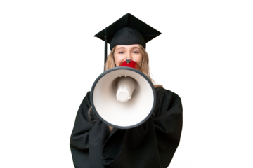 Young university English graduate woman over isolated background shouting through a megaphone
