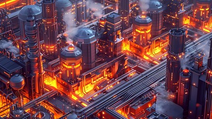 Fototapeta premium Create an isometric axonometric projection of a sprawling industrial complex with pipes, catwalks, and large vats