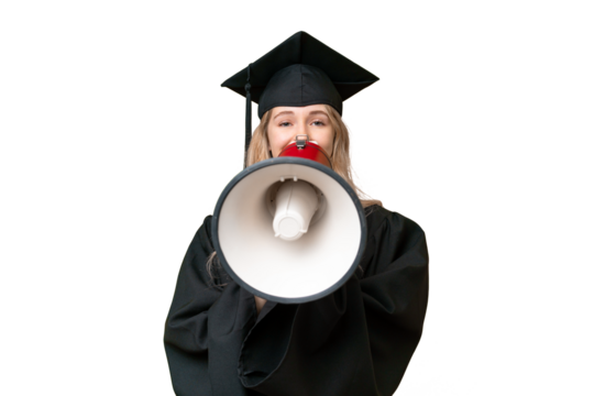 Young university English graduate woman over isolated background shouting through a megaphone