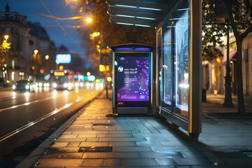 Bus Stop Advertising Kiosk at Night Mockup. Generative Ai.