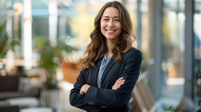 A woman in a business suit is smiling and posing for a photo