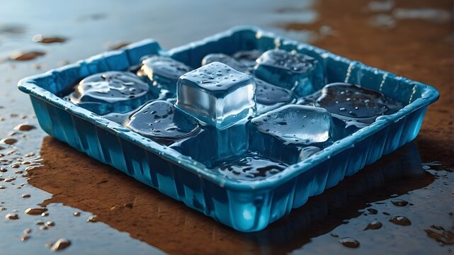 Vector of an ice cube tray. Cartoon icon of melted water mold. ice cube container that is solid square. In summer, plastic block and frosted element for food or drink. Isometric illustration of a pudd