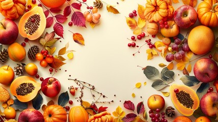 Harmonious poster design with a seamless blend of text and imagery celebrating the beauty and bounty of autumn fruits, for unified visual presentations