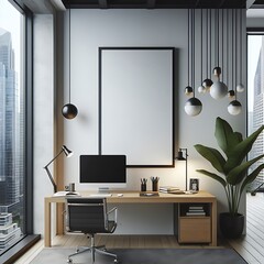A desk with a computer and a plant in front of a window image art has illustrative meaning.
