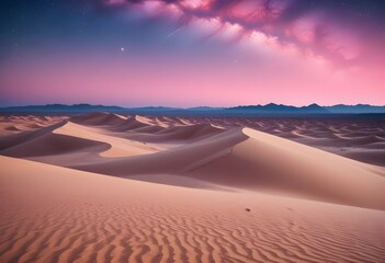 An otherworldly desert landscape with towering sand dunes under a vast starry sky.
