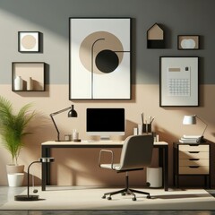 A desk with a computer and a plant on the wall image art photo card design.