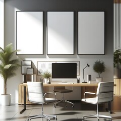 A desk with a computer and two chairs in front of a wall with a plant image art lively.