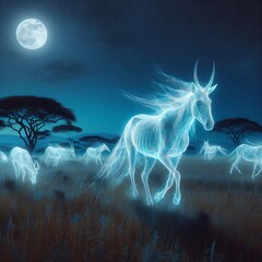 Generative Ai Spectral Savanna Visualize a savanna where ghostly animals roam the plains, their translucent forms shimmering in the moonlight as they hunt and graze amidst the grasslands, while spirit - obrazy, fototapety, plakaty