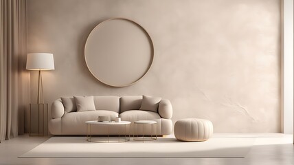  Light beige living room - modern interior hall and furniture design. Mockup for art - ivory taupe empty texture plaster microcement wall. Luxury premium nude accent lounge reception. 3d render 