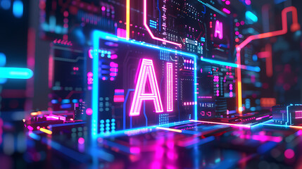 Neon Rainbow Wireframe Hologram: Illuminating the Essence of 'AI' and Artificial Intelligence in a Stunning Digital Artwork