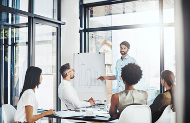 Man, office and presentation with strategy for business marketing, research and statistics....