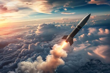 A hypersonic missile streaks across the sky, piercing through the clouds with formidable speed. In a display of military might, it represents the threat of missile attacks, aerial warfare, and devasta