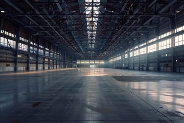 Expansive industrial warehouse with vast open floor space, a prime example of contemporary factory architecture.
