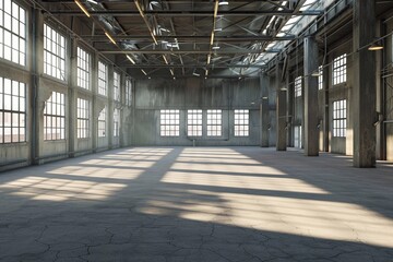Obraz premium Expansive industrial warehouse with vast open floor space, a prime example of contemporary factory architecture.