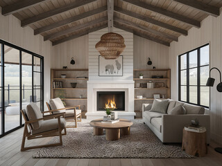 Scandinavian farmhouse interior design of modern living room, home with fireplace. - obrazy, fototapety, plakaty