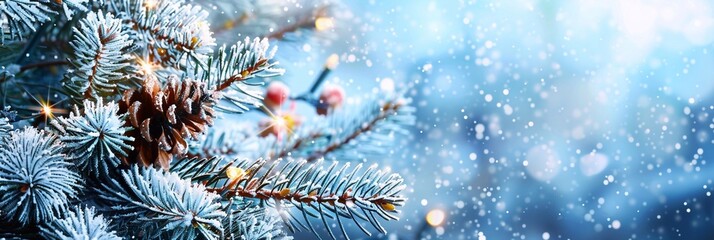 Winter panoramic background with snowy pine branches, Christmas tree decorated with toys during snowfall. This is a wonderful Christmas image that creates a festive and magical atmosphere, perfect for
