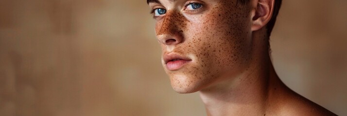 In the studio, a young man shows off his young, healthy face with beautiful, flawless skin with deep confidence and magnificence. His expression radiates confidence and pride, and his skin, fresh and 