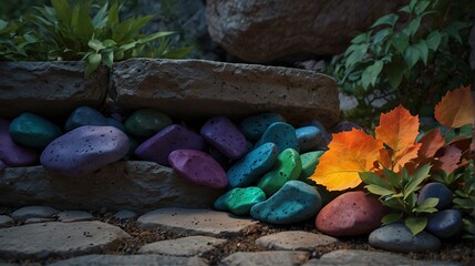 Colorful background Colorful Rocks and Leaves Aesthetic Glow - obrazy, fototapety, plakaty