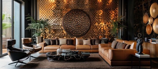 Venomous Elegance Sleek and Sophisticated Lounge with Cobra Skin Wallpaper and Metallic Accents - obrazy, fototapety, plakaty