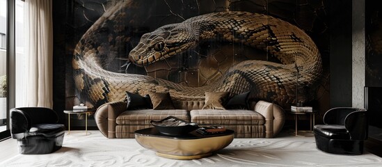 Sleek Cobra Skin Wallpaper Frames Luxurious Minimalist Lounge with Metallic Accents - obrazy, fototapety, plakaty