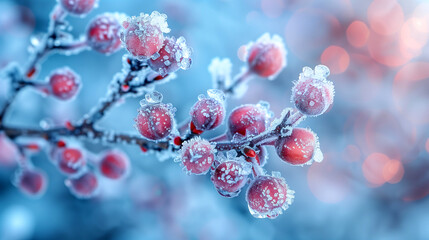 Tree branch with berries covered with ice - obrazy, fototapety, plakaty