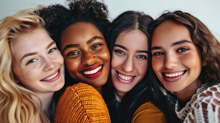 Diverse women with pleasant appearance smile happily and pose closely together over white background