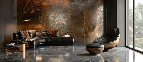 Sleek Lounge with Striking Cobra Skin Wallpaper and Metallic Accents for a Modern Sophisticated Look - obrazy, fototapety, plakaty