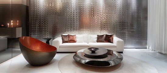Sleek and Sophisticated Lounge Room with Striking Cobra Skin Wallpaper and Minimalist Metallic - obrazy, fototapety, plakaty