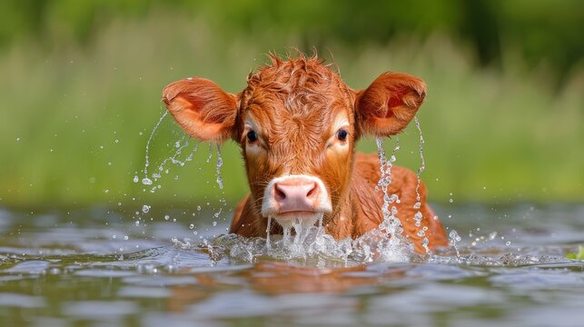Cow joyfully splashing milk in a playful moment, creating a delightful scene of dairy fun
