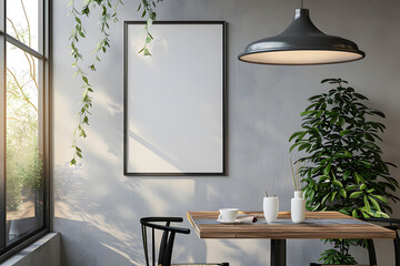 Close up of a vertical framed poster on a cafe wall. mock up. Generative Ai.