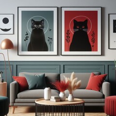 A living room with a template mockup poster and with a couch and pictures of cats image art used for printing card design.