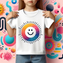 A child holding up a white t shirt mockup with a sun on it realistic lively has illustrative meaning card design illustrator.