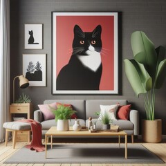 A living room with a template mockup poster and with a picture of a cat on the wall art attractive has illustrative meaning used for printing.