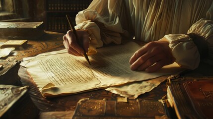 A person is writing a letter with a quill and inkwell.