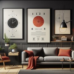 A living room with a template mockup poster empty white and with a couch and a chair attractive lively.