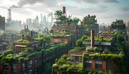 Obraz premium A city where nature and technology coexist. The buildings are covered in lush greenery, creating a beautiful and sustainable urban environment.