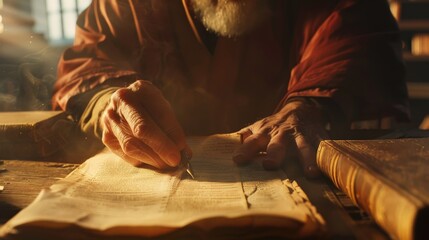 A photo of an ancient scholar writing in a book with a quill pen.