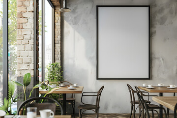 Close up of a vertical framed poster on a cafe wall. mock up. Generative Ai.