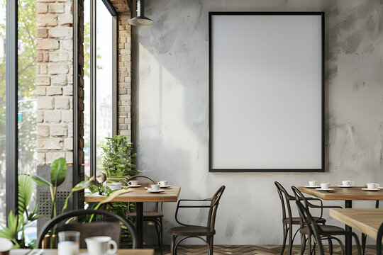 Close up of a vertical framed poster on a cafe wall. mock up. Generative Ai.