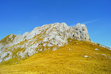 Northern part of Sedlena Greda mountain in Durmitor National Park, Montenegro. A harsh rocky peak and a gentle slope overgrown with bright yellow grass - a colorful autumn landscape from the highlands