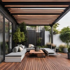 Interior design of a lavish side outside garden at morning, with a teak hardwood deck and a black pergola. generative Ai.