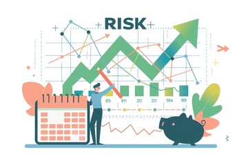 Flat illustration style, simple lines and shapes of stock market charts with "RISK" written on it, little man standing next to calendar holding pencil, piggy bank,