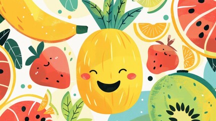 Playful summer fruit poster featuring whimsical illustrations and playful typography