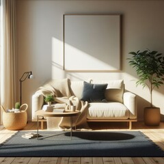 A living room with a template mockup poster empty white and with a couch and a coffee table image art has illustrative meaning.